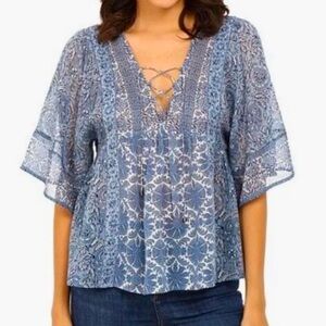 NWT Joie 100% Silk Scorpio Blue/Faded Sky Lace-Up Blouse Size Medium